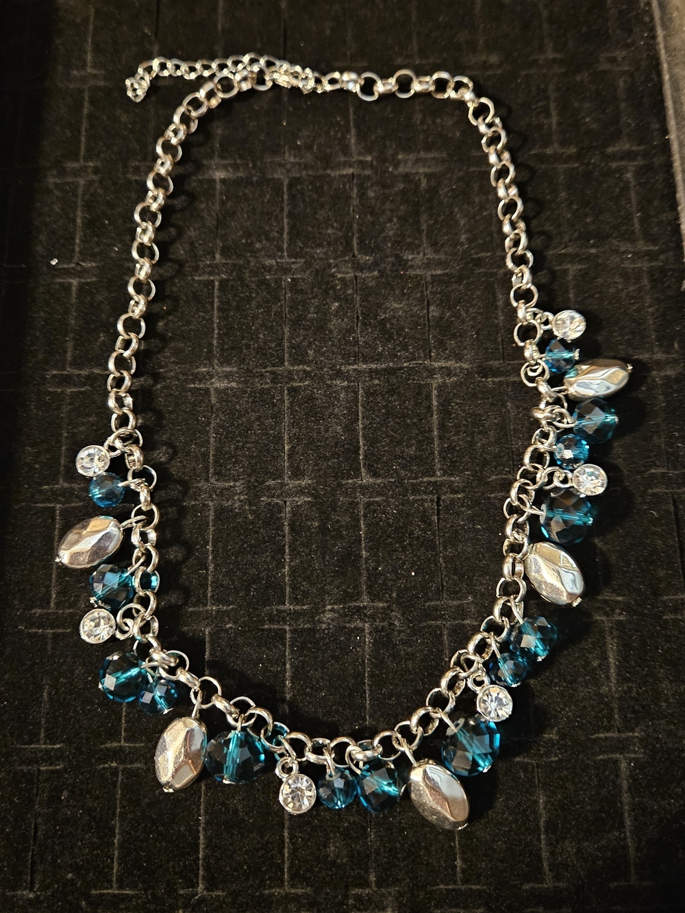 Silver Chain Necklace with Teal Crystal and Clear Rhinestone Accents